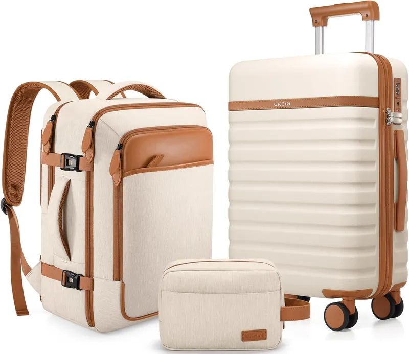 UKEIN Luggage Sets 3 Piece, Carry On Luggage 20In With Spinner Wheels, Beige